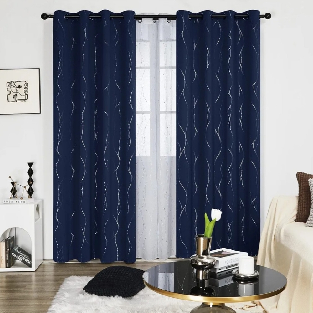 Deconovo Blackout Curtains-Silver Wave Dots Print, Thermal Insulated 2 Panels